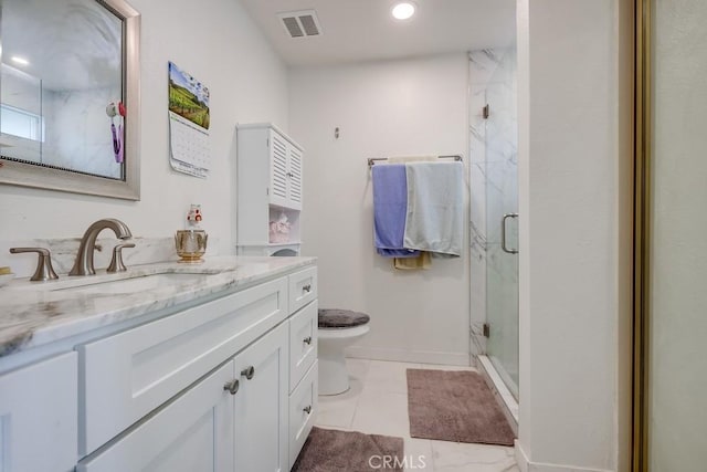 25681 Westover Cir, Lake Forest, CA 92630 - full bath with a marble finish shower, toilet, vanity, recessed lighting, and baseboards