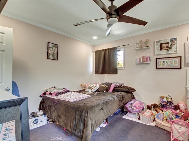 10922 Vickers Dr, Garden Grove, CA 92840 - carpeted bedroom featuring ornamental molding, a ceiling fan, and recessed lighting