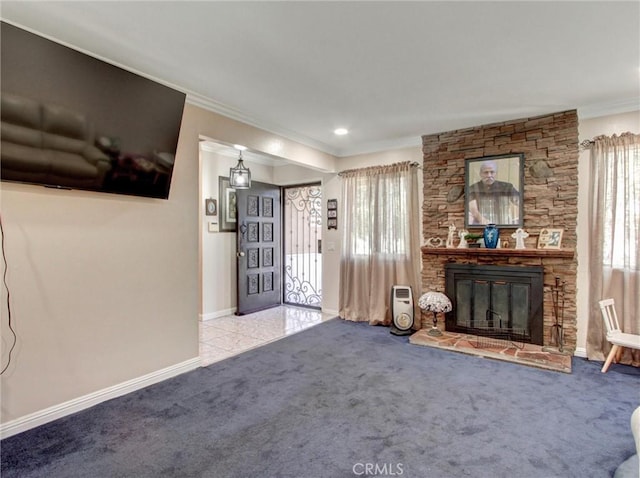 10922 Vickers Dr, Garden Grove, CA 92840 - living room with ornamental molding, carpet floors, a fireplace, and baseboards
