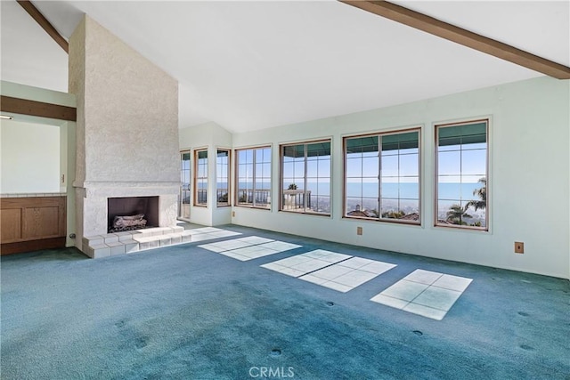 537 Avenida Buenos Aires, San Clemente, CA 92672 - unfurnished living room featuring carpet flooring, lofted ceiling, and a fireplace