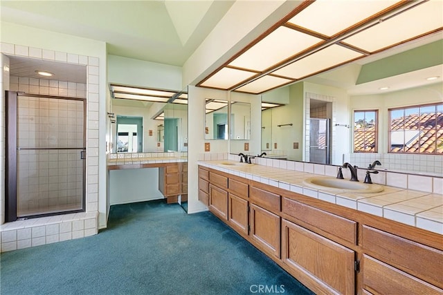 537 Avenida Buenos Aires, San Clemente, CA 92672 - bathroom with a shower stall, double vanity, carpet, and recessed lighting