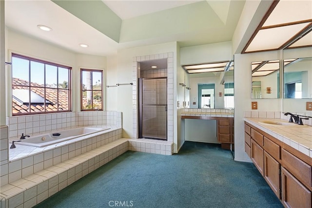 537 Avenida Buenos Aires, San Clemente, CA 92672 - bathroom with a shower stall, a garden tub, vanity, recessed lighting, and carpet floors