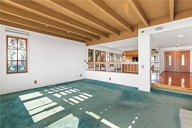 537 Avenida Buenos Aires, San Clemente, CA 92672 - unfurnished living room featuring carpet, beamed ceiling, healthy amount of natural light, and a chandelier