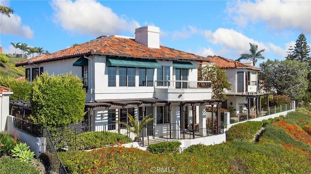 537 Avenida Buenos Aires, San Clemente, CA 92672 - rear view of property featuring a pergola, a chimney, stucco siding, a tile roof, and a patio area