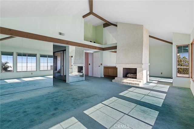 537 Avenida Buenos Aires, San Clemente, CA 92672 - unfurnished living room with a premium fireplace, carpet flooring, and high vaulted ceiling