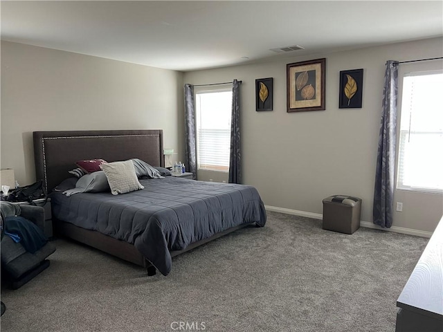 carpeted bedroom with multiple windows and baseboards