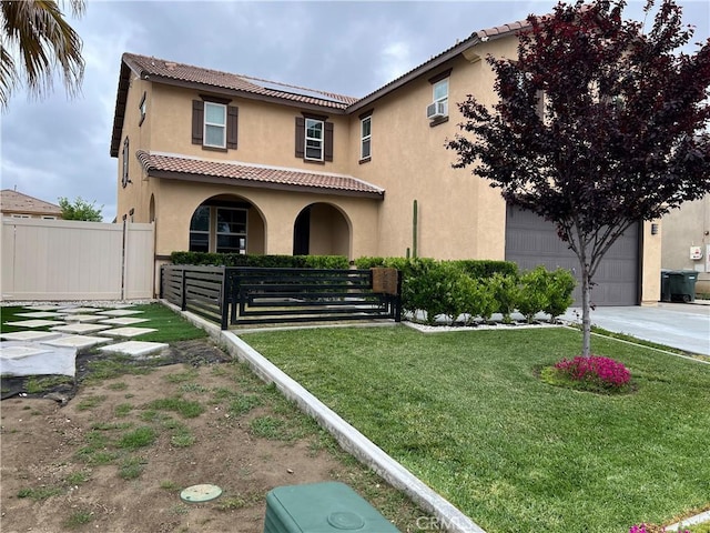 mediterranean / spanish-style house with stucco siding, a tile roof, a garage, driveway, and cooling unit