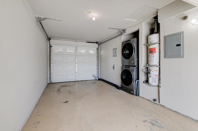 garage with stacked washing machine and dryer, secured water heater, and electric panel