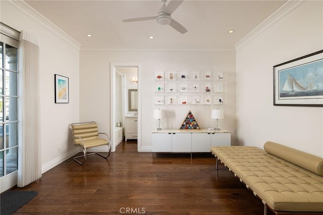 427 10th St, Huntington Beach, CA 92648 - sitting room with dark wood-style floors, ornamental molding, ceiling fan, recessed lighting, and baseboards