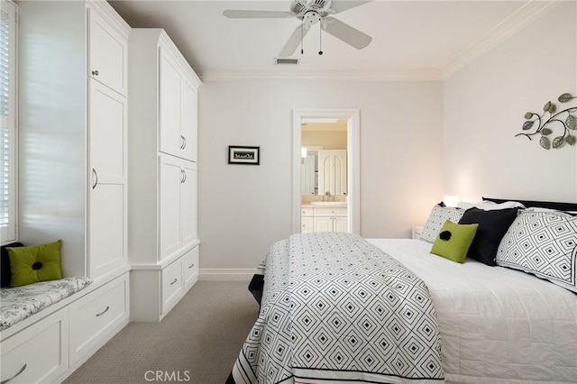 427 10th St, Huntington Beach, CA 92648 - carpeted bedroom featuring crown molding, a sink, baseboards, a ceiling fan, and connected bathroom