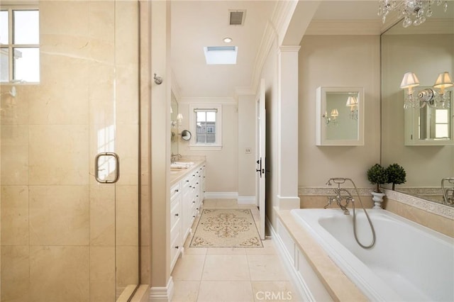 427 10th St, Huntington Beach, CA 92648 - full bath with ornamental molding, a shower stall, a bath, tile patterned flooring, and vanity