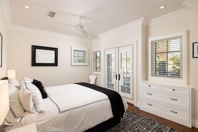 427 10th St, Huntington Beach, CA 92648 - bedroom with french doors, access to outside, ornamental molding, dark wood-type flooring, and ceiling fan