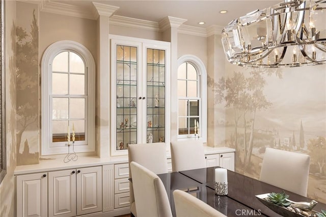 427 10th St, Huntington Beach, CA 92648 - dining space featuring a chandelier, healthy amount of natural light, recessed lighting, and crown molding