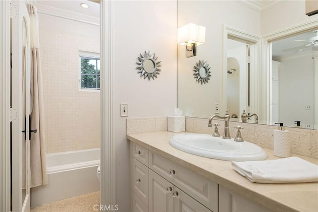 427 10th St, Huntington Beach, CA 92648 - bathroom with vanity, ornamental molding, ceiling fan, shower / tub combo with curtain, and toilet