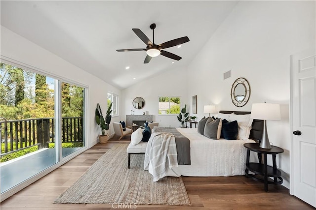 529 Manzanita Rd, Redlands, CA 92373 - bedroom with wood finished floors, high vaulted ceiling, access to outside, recessed lighting, and ceiling fan