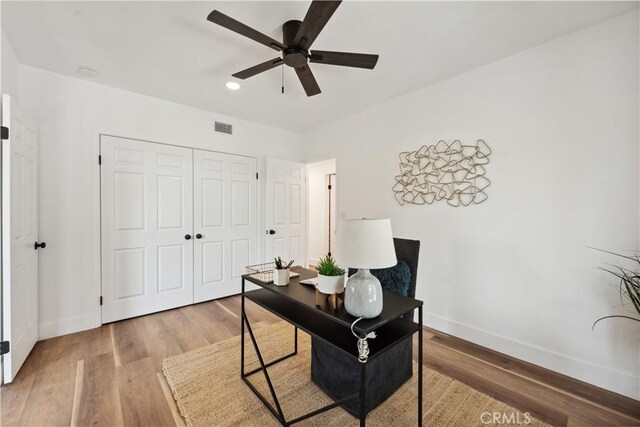 529 Manzanita Rd, Redlands, CA 92373 - office with baseboards, a ceiling fan, wood finished floors, and recessed lighting