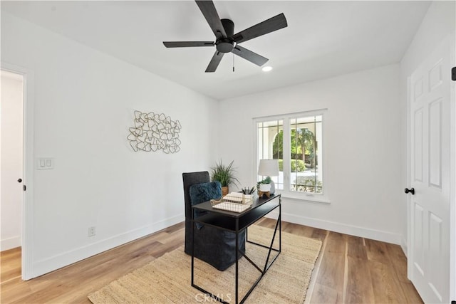 529 Manzanita Rd, Redlands, CA 92373 - home office featuring baseboards, recessed lighting, wood finished floors, and ceiling fan