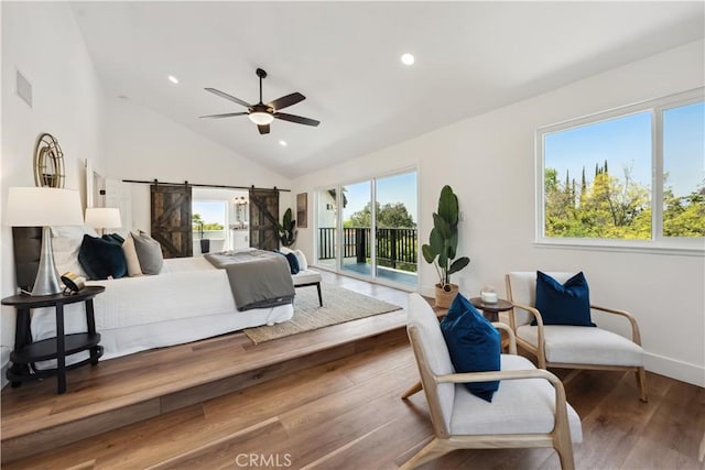 529 Manzanita Rd, Redlands, CA 92373 - bedroom featuring access to exterior, multiple windows, lofted ceiling, baseboards, and recessed lighting
