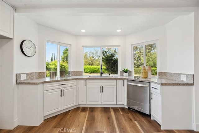 529 Manzanita Rd, Redlands, CA 92373 - kitchen with stainless steel dishwasher, a sink, light stone counters, white cabinets, and dark wood finished floors