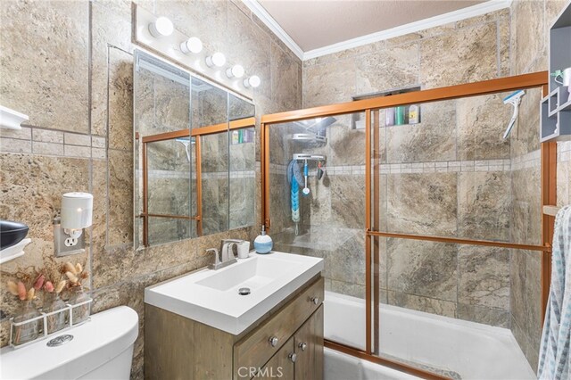 10521 Asher St, El Monte, CA 91733 - full bath featuring ornamental molding, tile walls, toilet, enclosed tub / shower combo, and vanity