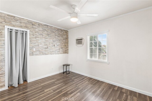 10521 Asher St, El Monte, CA 91733 - spare room with ornamental molding, wood finished floors, a ceiling fan, baseboards, and a wall unit AC