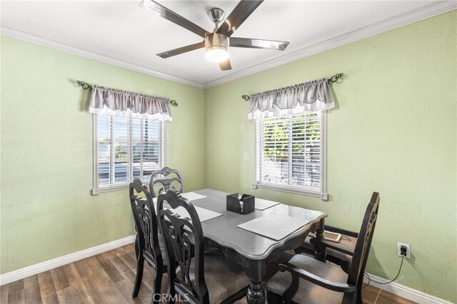10521 Asher St, El Monte, CA 91733 - dining space with a ceiling fan, ornamental molding, baseboards, and wood finished floors