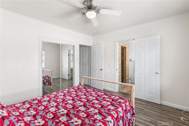 10521 Asher St, El Monte, CA 91733 - bedroom featuring wood finished floors, ornamental molding, baseboards, and a ceiling fan