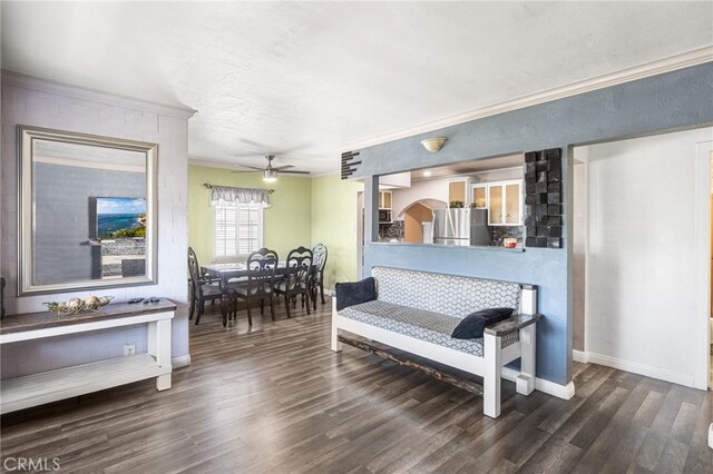 10521 Asher St, El Monte, CA 91733 - living area featuring ornamental molding, wood finished floors, baseboards, and ceiling fan