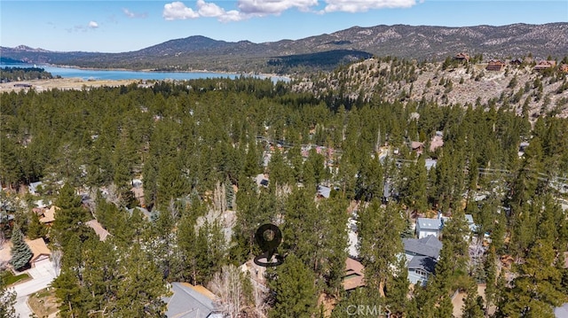 aerial view of property's location featuring a water and mountain view and a forest