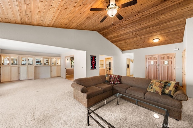 living room with light carpet, wood ceiling, ceiling fan, and high vaulted ceiling