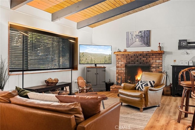 living area with wood finished floors, wooden ceiling, and a fireplace