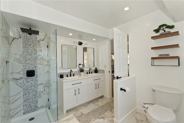 27757 N Bay Rd, Lake Arrowhead, CA 92352 - bathroom with marble look tiles, recessed lighting, a marble finish shower, toilet, and double vanity