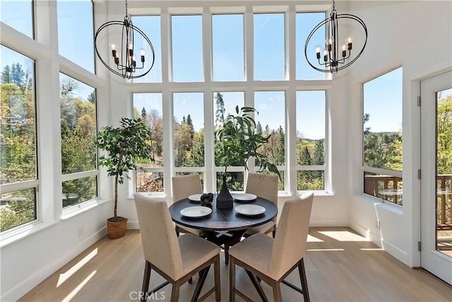 27757 N Bay Rd, Lake Arrowhead, CA 92352 - sunroom / solarium with a chandelier, healthy amount of natural light, a high ceiling, and wood finished floors