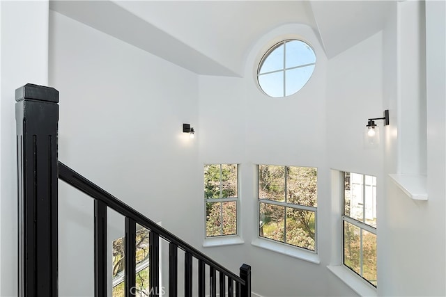 27757 N Bay Rd, Lake Arrowhead, CA 92352 - stairway with high vaulted ceiling
