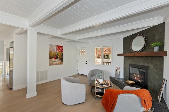 27757 N Bay Rd, Lake Arrowhead, CA 92352 - living area with wood finished floors, beamed ceiling, a fireplace, and baseboards