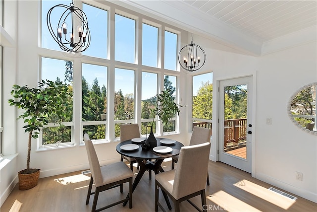 27757 N Bay Rd, Lake Arrowhead, CA 92352 - sunroom / solarium with a chandelier, healthy amount of natural light, and beamed ceiling