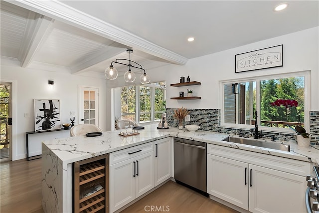 27757 N Bay Rd, Lake Arrowhead, CA 92352 - kitchen with dishwasher, wine cooler, a peninsula, decorative backsplash, and beam ceiling
