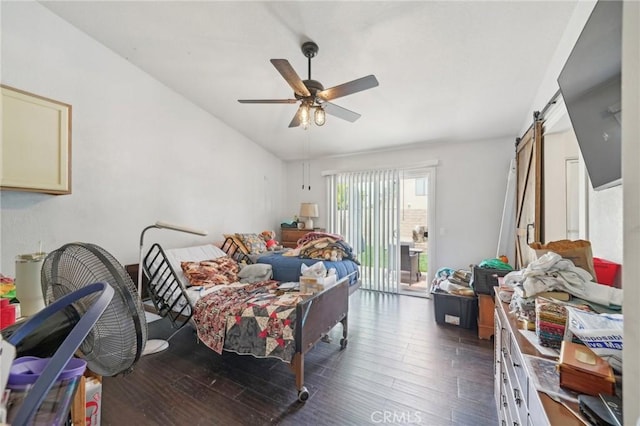 2925 Greenbriar Dr, Ontario, CA 91761 - bedroom with access to exterior, dark wood finished floors, a barn door, and ceiling fan