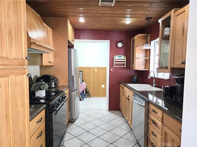 2149 Clover St, Simi Valley, CA 93065 - kitchen with appliances with stainless steel finishes, a sink, premium range hood, wooden ceiling, and open shelves
