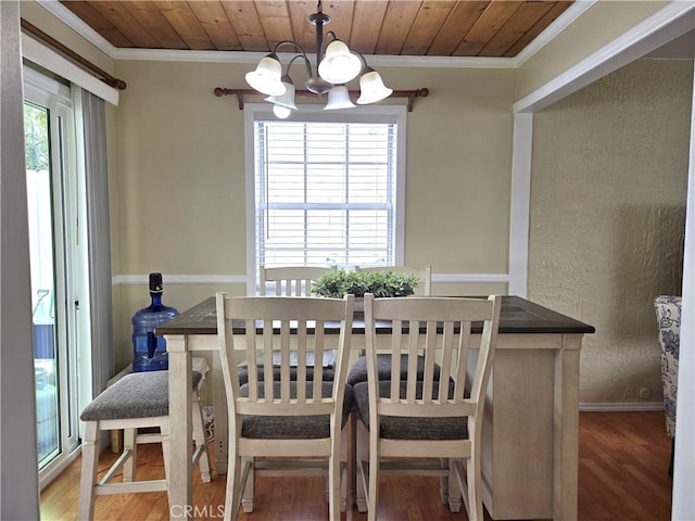 2149 Clover St, Simi Valley, CA 93065 - dining area featuring ornamental molding, a chandelier, wood finished floors, baseboards, and wood ceiling