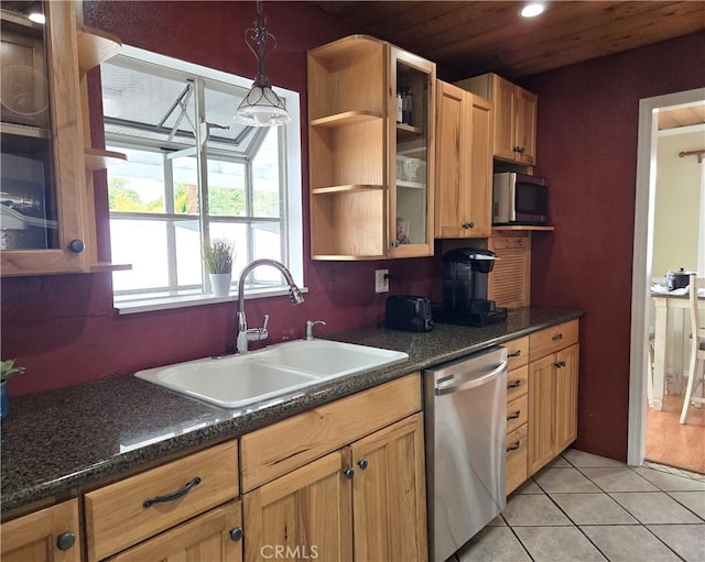 2149 Clover St, Simi Valley, CA 93065 - kitchen with stainless steel appliances, a sink, pendant lighting, wood ceiling, and light tile patterned floors