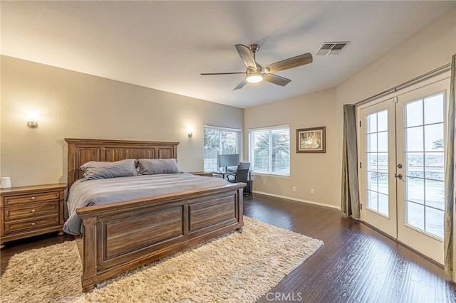 bedroom with access to outside, french doors, multiple windows, and dark wood-style floors