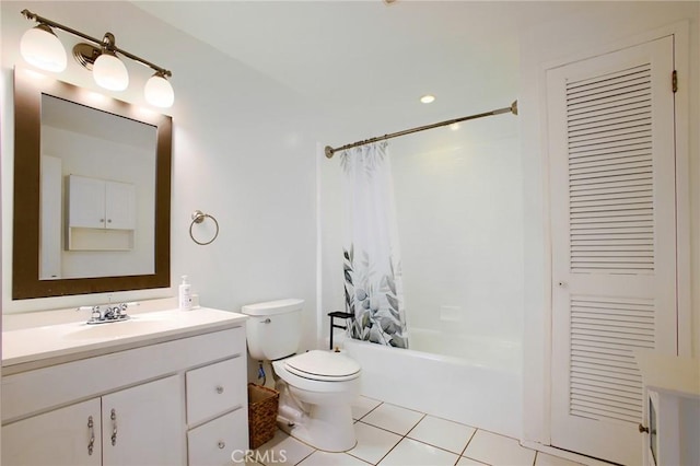 18041 Acre St, Northridge, CA 91325 - full bathroom with toilet, vanity, shower / bathtub combination with curtain, and tile patterned floors
