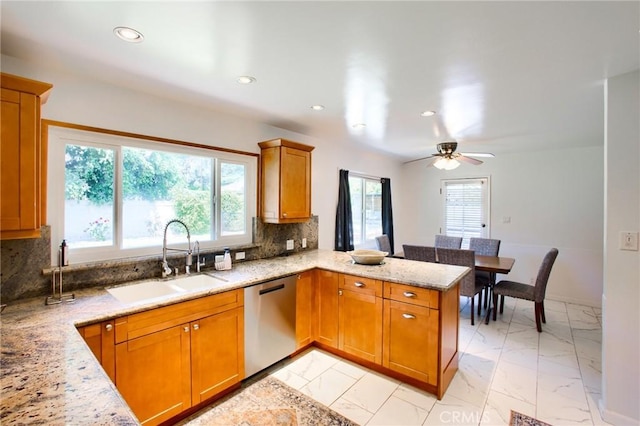18041 Acre St, Northridge, CA 91325 - kitchen with dishwasher, a sink, light marble finish floors, a peninsula, and recessed lighting
