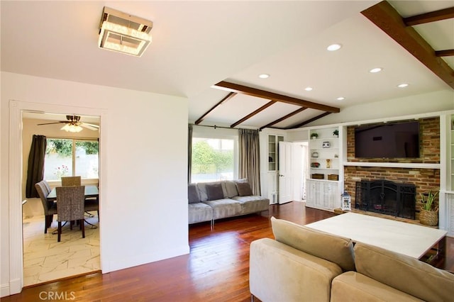18041 Acre St, Northridge, CA 91325 - living room featuring a brick fireplace, recessed lighting, a ceiling fan, baseboards, and wood finished floors