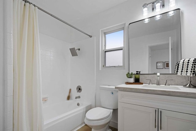 full bathroom with toilet, vanity, and shower / bath combination with curtain