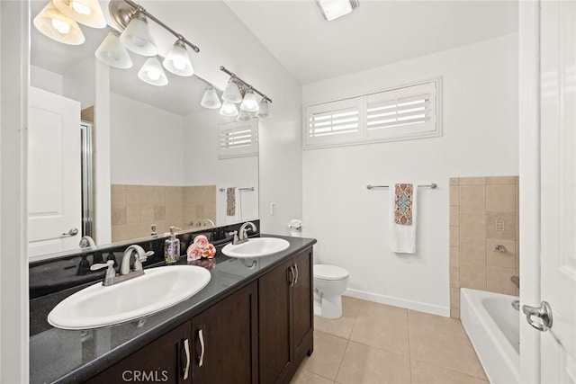 53 N Oak Ave Unit 5, Pasadena, CA 91107 - bathroom featuring double vanity, tile patterned flooring, a tub, and an enclosed shower