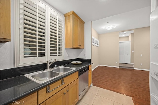 53 N Oak Ave Unit 5, Pasadena, CA 91107 - kitchen with dishwasher, a sink, light tile patterned flooring, dark countertops, and baseboards