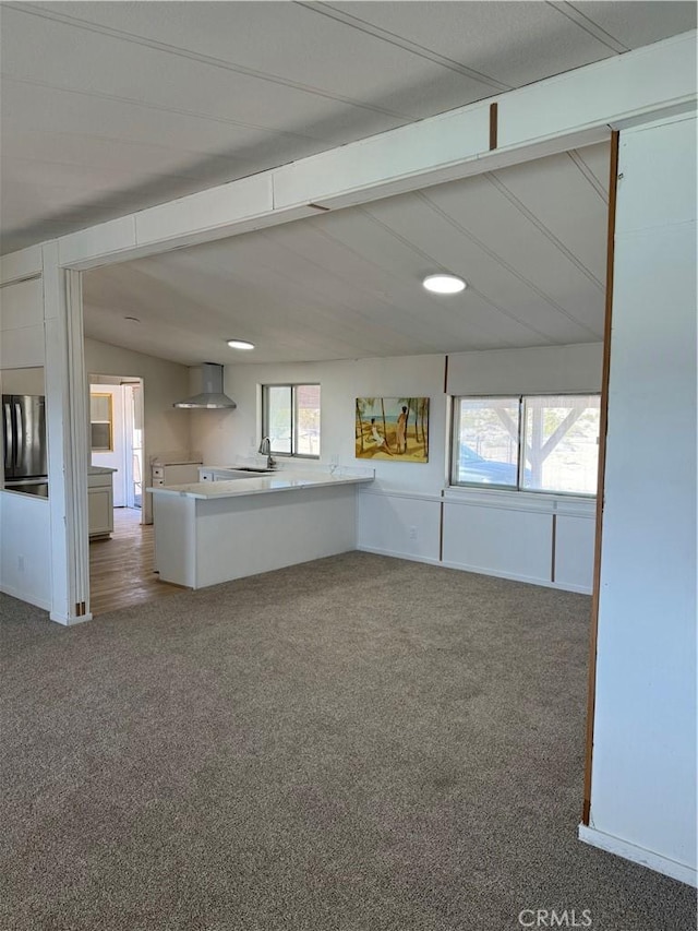 unfurnished living room featuring carpet flooring and a sink