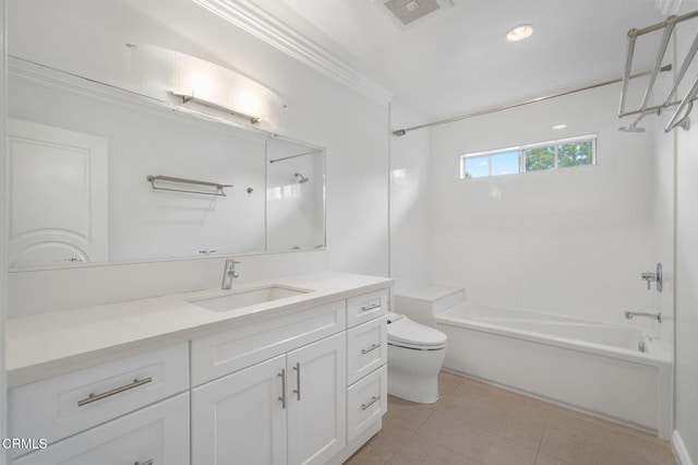 full bathroom featuring toilet, tub / shower combination, vanity, crown molding, and tile patterned floors